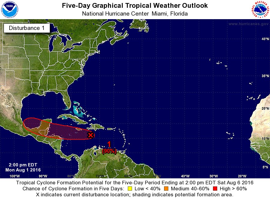 Una depresión tropical ubicada en el océano Atlántico podría afectar el territorio nacional. (Foto Prensa Libre: National Hurricane Center)