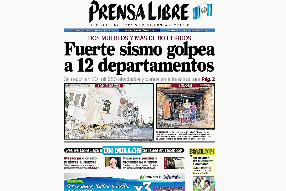 Portada del 8 de julio de 2014, cuyo titular destaca el sismo del día anterior. (Foto: Hemeroteca PL)
