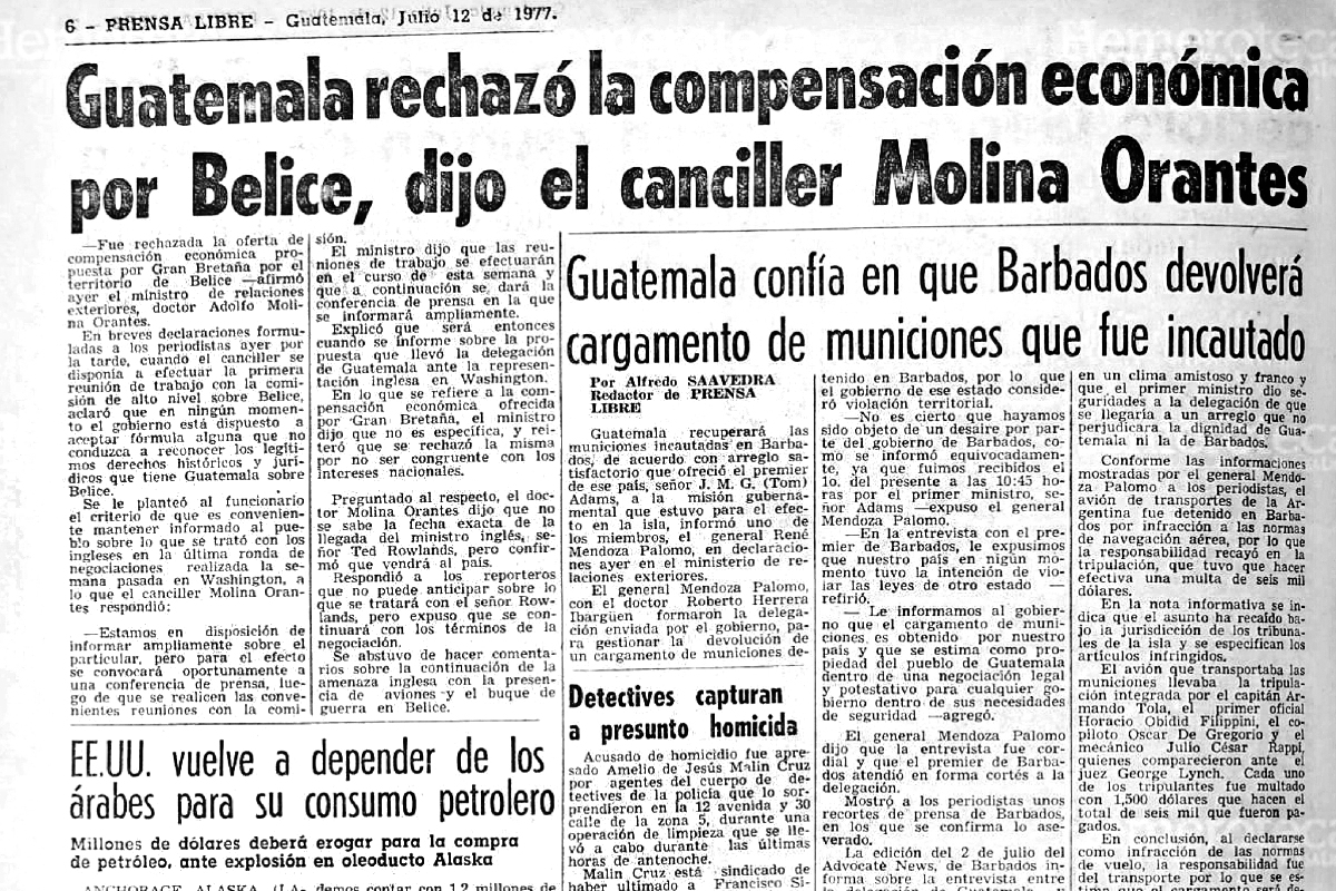 Publicación de Prensa Libre  del 12 de julio de 1977, sobre rechazo a oferta de Inglaterra. (Foto: Hemeroteca PL)