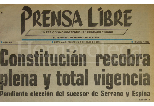 Titular de Prensa Libre del 2 de junio de 1993. (Foto: Hemeroteca PL)