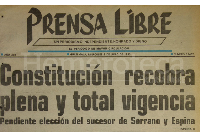 Titular de Prensa Libre del 2 de junio de 1993. (Foto: Hemeroteca PL)