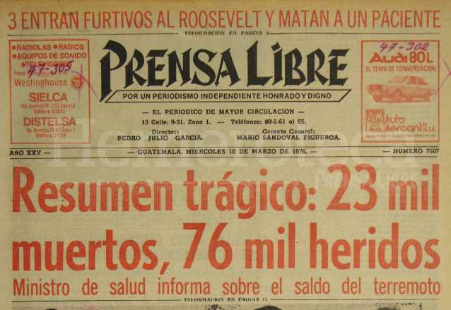 Titular de Prensa Libre del 10 de marzo de 1976. (Foto: Hemeroteca PL)