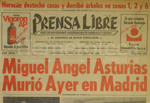 Titular de Prensa Libre del 10 de junio de 1974 informando sobre la muerte de Miguel Ángel Asturias. (Foto: Hemeroteca PL)