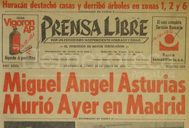 Titular de Prensa Libre del 10 de junio de 1974 informando sobre la muerte de Miguel Ángel Asturias. (Foto: Hemeroteca PL)