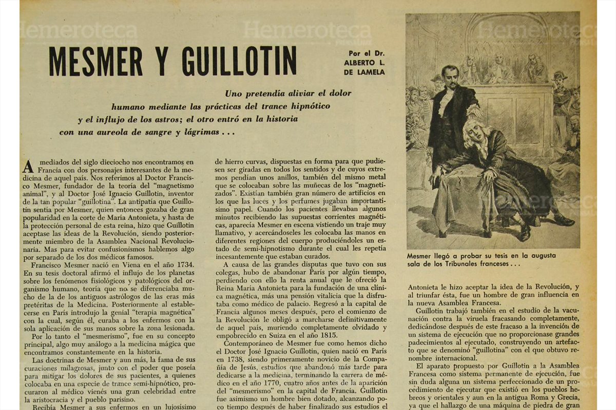 Prensa Libre publicó un artículo sobre la vida de dos médicos franceses. Uno de ellos fue Joseph Ignace Guillotin, inventor en 1789 de la guillotina. 8/6/1961. (Foto: Hemeroteca PL)
