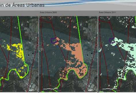 Secuencia de fotografía satelital de Servir, donde se evidencia el crecimiento de la población en los últimos 25 años, en el área protegida, marcada con la línea verde. En  amarillo aparecen cubiertas 84 hectáreas con viviendas; en color naranja subió a 346, y en la última, a 680, lo cual sobrecargó el lugar.
