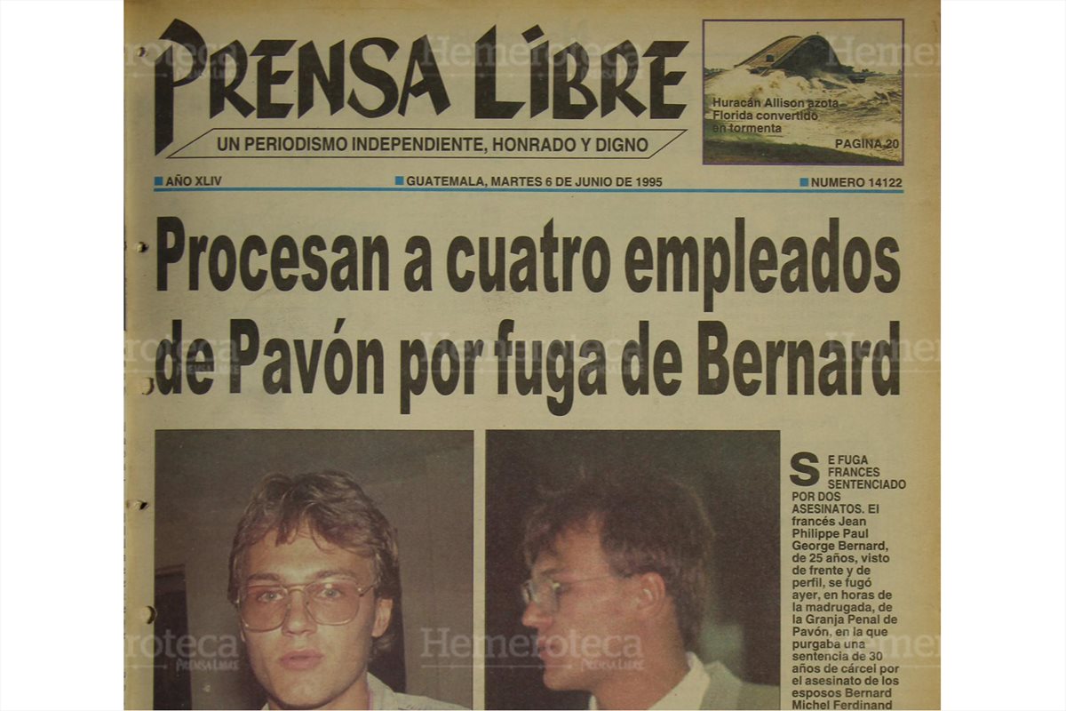 Portada de Prensa Libre del 06/06/1995 en la cual se da a conocer la fuga del francés Jean Philippe George Bernard. (Foto: Hemeroteca PL)