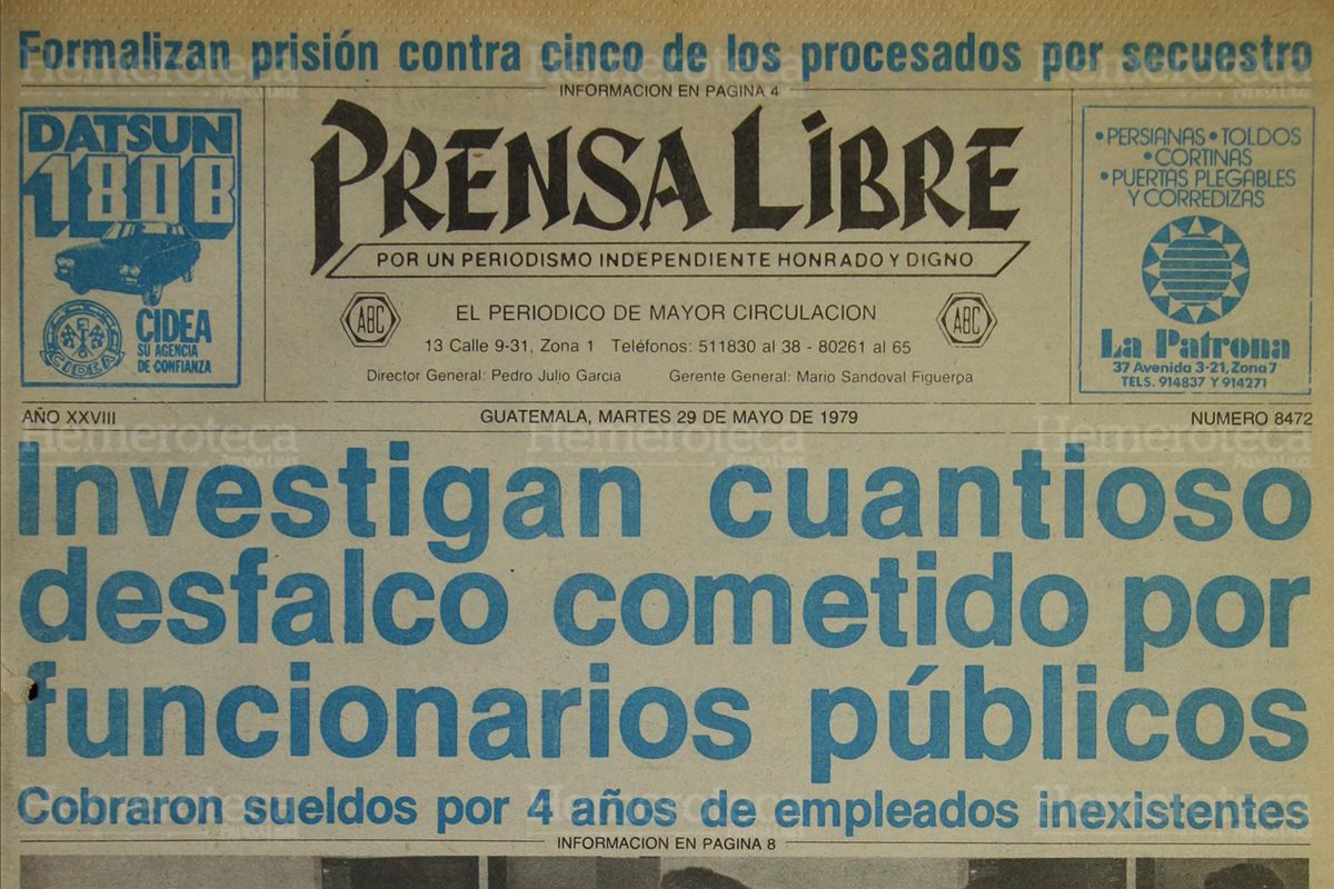 Portada de Prensa Libre del 29/05/1979 acerca del desfalco por las plazas fantasma.