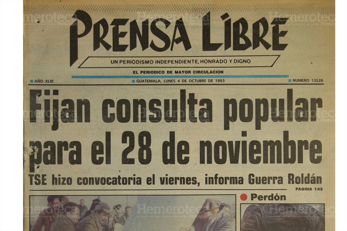 Portada del 4/10/1993 el Tribunal Supremo Electoral TSE, daba la fecha para que se realizara la consulta popular. (Foto: Hemeroteca PL)