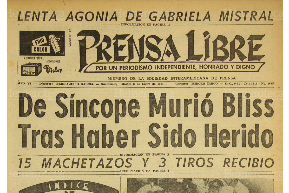 Portada del 08/01/1957 en la que Prensa Libre a a conocer sobre la lenta agonía de Gabriela Mistral. (Foto: Hemeroteca PL)