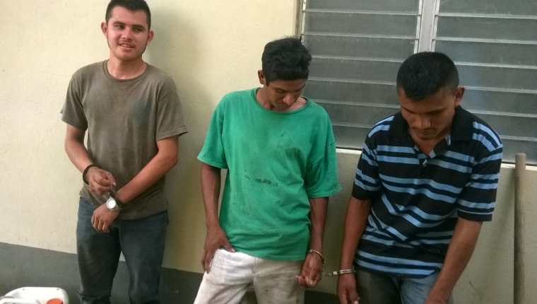 Los tres capturados cuando talaban árboles de chico zapote en Melchor de Mencos, Petén. (Foto Prensa Libre: PNC)