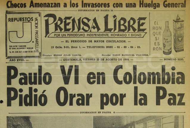 Titular de Prensa Libre del 23 de agosto de 1968 informando sobre la visita de Paulo VI a Colombia. (Foto: Hemeroteca PL)