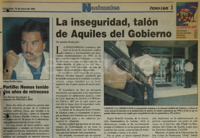 Nota sobre la inseguridad en el país y la debilidad del gobierno de Álvaro Arzú. Nota del 14 de enero de 1998. (Foto: Hemeroteca PL)