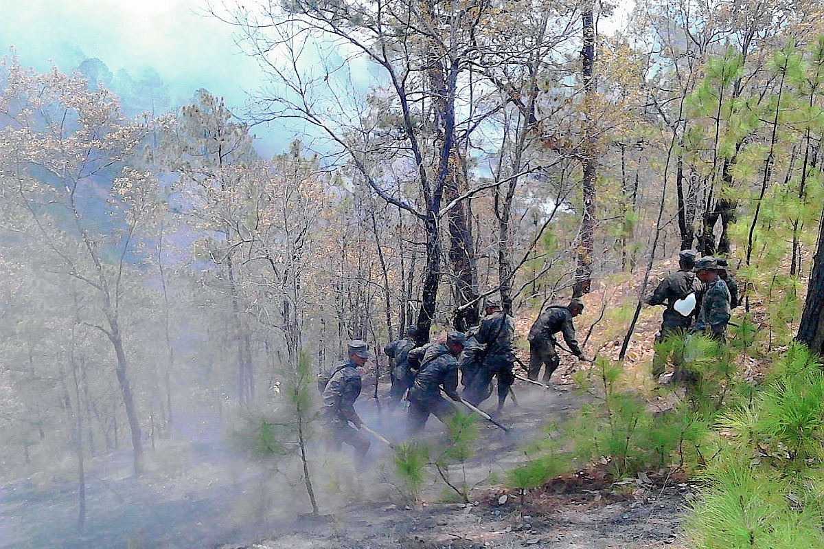 Soldados de  la Quinta Brigada de Infantería de Huehuetenango combaten incendio forestal en Sacapulas, Quiché. (Foto Prensa Libre: Óscar Figueroa)