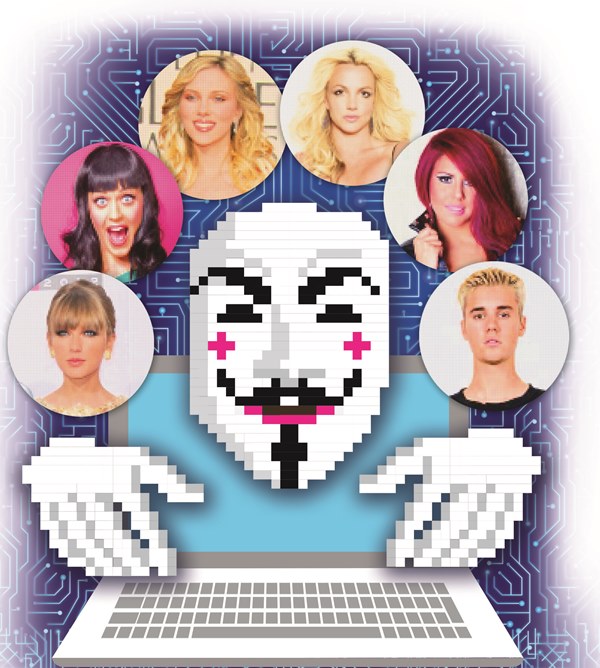 Famosos como Taylor Swift, Katy Perry, Scarlett Johansson, Britney Spears, Justin Bieber y la guatemalteca Fabiola Roudha han sido víctimas de ciberataques. (Ilustración Prensa Libre: Kevin Ramírez)