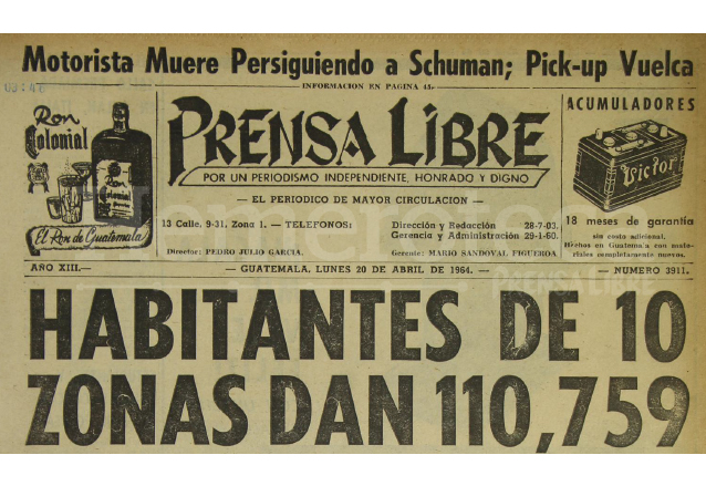 Portada de Prensa Libre del 20 de abril de 1964. (Foto: Hemeroteca PL)