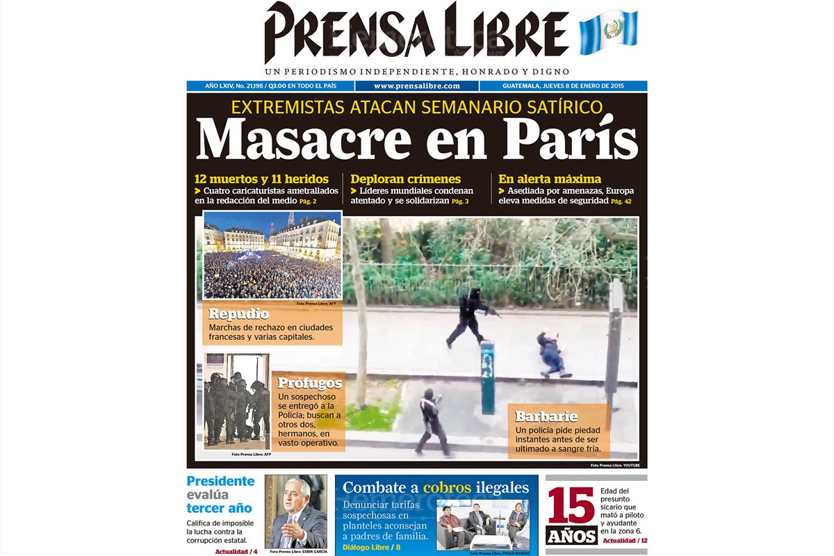 Portada de Prensa Libre del 8/1/2015 informa sobre los actos terroristas en París, Francia. (Foto: Hemeroteca PL)