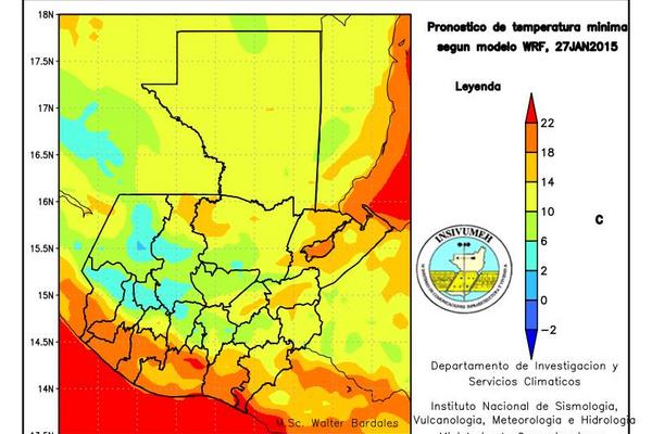 Mapa de pronóstico de temperaturas mínimas para las próximas horas. (Foto Prensa Libre: Insivumeh).<br _mce_bogus="1"/>