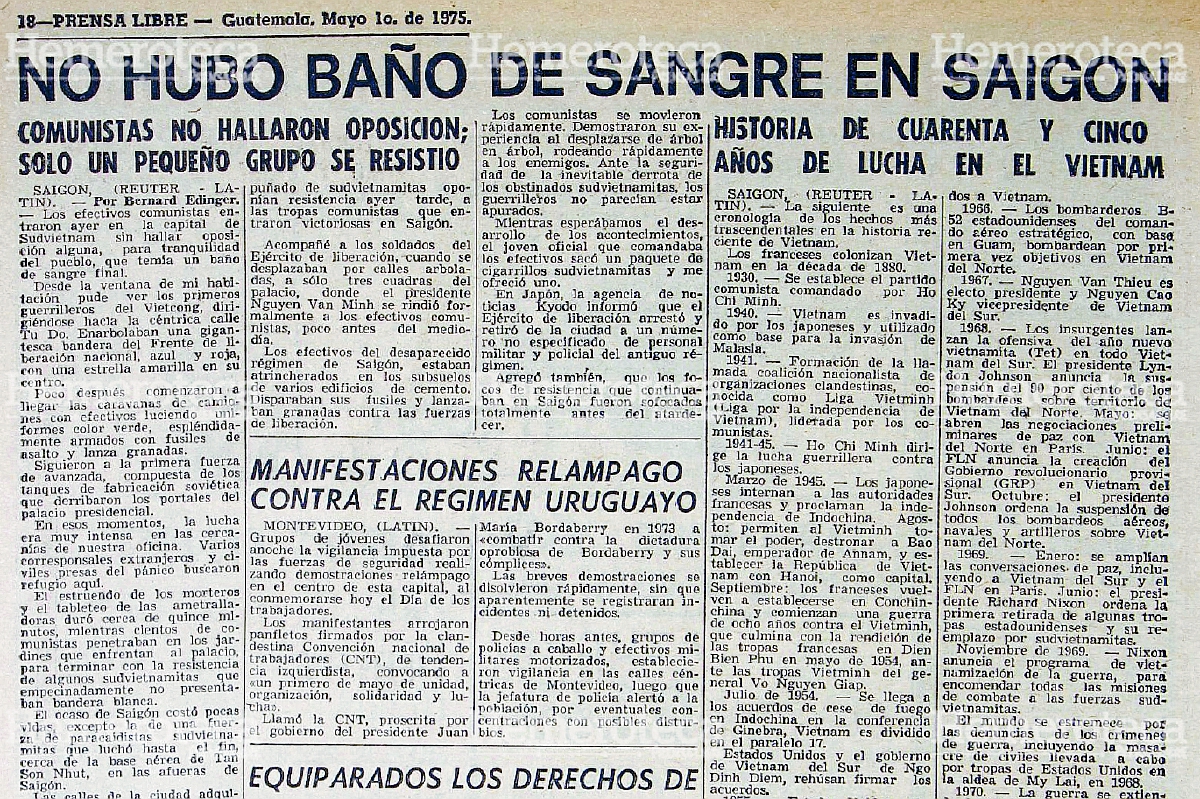 Nota periodística del 1 de mayo de 1975 sobre la toma de Saigón. (Foto: Hemeroteca PL)