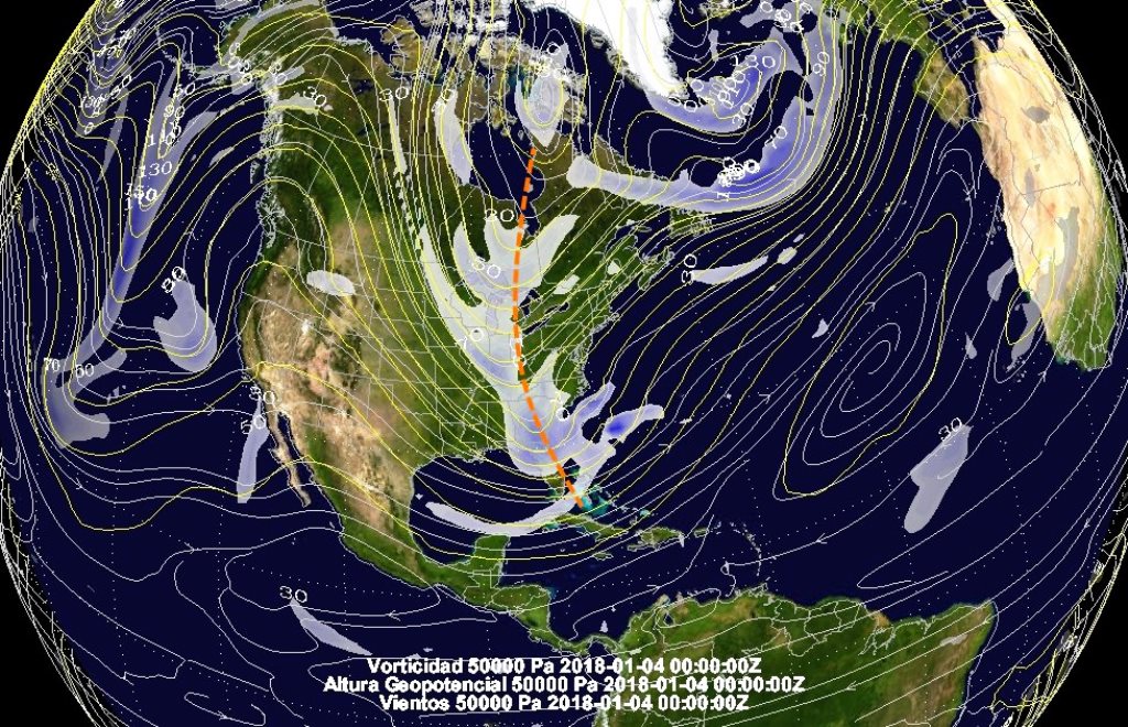 Imagen del satálite que identifica como avanza la corriente polar hacia el Golfo de México y Centroamérica. (Foto Prensa Libre: NOAA)