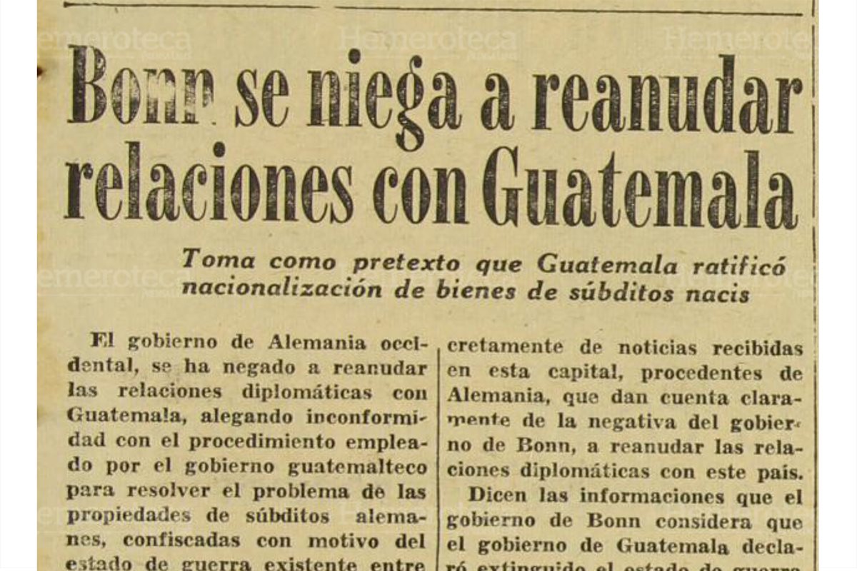 Bonn, capital oriental de Alemnia luego de la división, se negó a restablecer relaciones con Guatemala, en diciembre de 1956.
