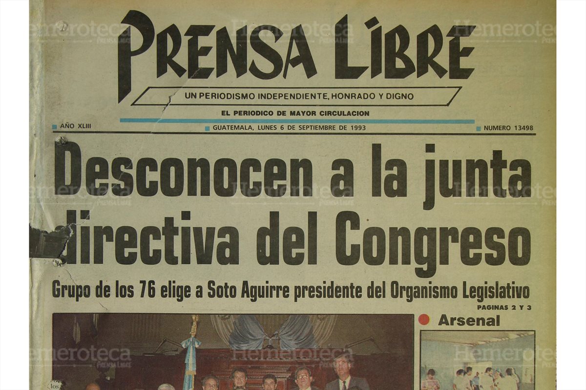 Portada del 6/9/1993 diputados que integran el grupo de los 76 desconocieron la junta directiva presidida por José Fernando Lobo Dubón y en su lugar eligieron como presidente al licenciado Arturo Soto Aguirre, del FRG (foto: Hemeroteca PL)