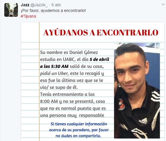 Gómez era buscado por familiares y amigos en las redes sociales. (Foto Prensa Libre: Twitter)