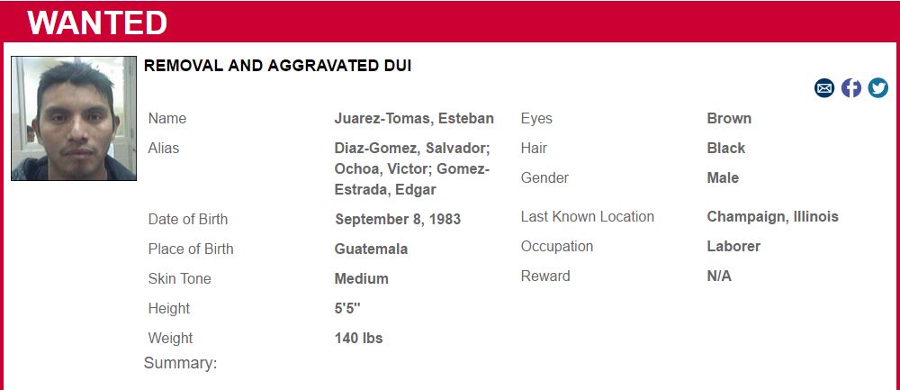 Especificaciones de Inmigración para la búsqueda del guatemalteco Esteban Juárez Tomás. (Foto Prensa Libre: ICE).