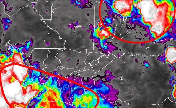 Dos sistemas de Baja Presión podrían dar paso a una Depresión Tropical, según el Insivumeh. (Foto Prensa Libre: Insivumeh)