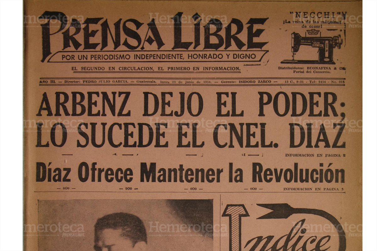 Portada del 28/06/1954. Prensa Libre dio a conocer la renuncia a la presidencia del coronel Jacobo Árbenz. ( Foto: Hemeroteca PL)