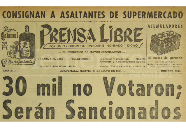 Titular de Prensa Libre del 26 de mayo de 1964. (Foto: Hemeroteca PL)