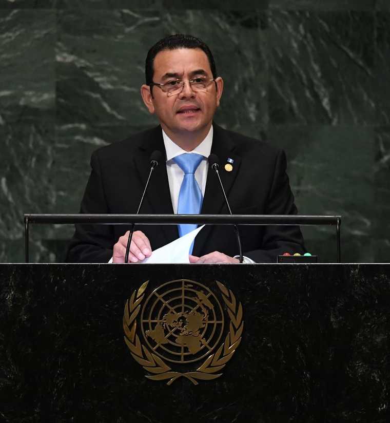 El presidente Jimmy Morales, durante su discruso en la Asamblea General de la ONU, en Nueva York. (Foto Prensa Libre: AFP)