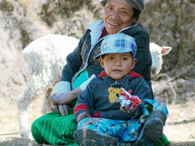 Josefa Pérez y el pequeño Urías, de 6 años, quien padece desnutrición, cuidan el pequeño rebaño de ovejas de la familia, en La Libertad, Comitancillo. (Foto Aroldo Marroquín).