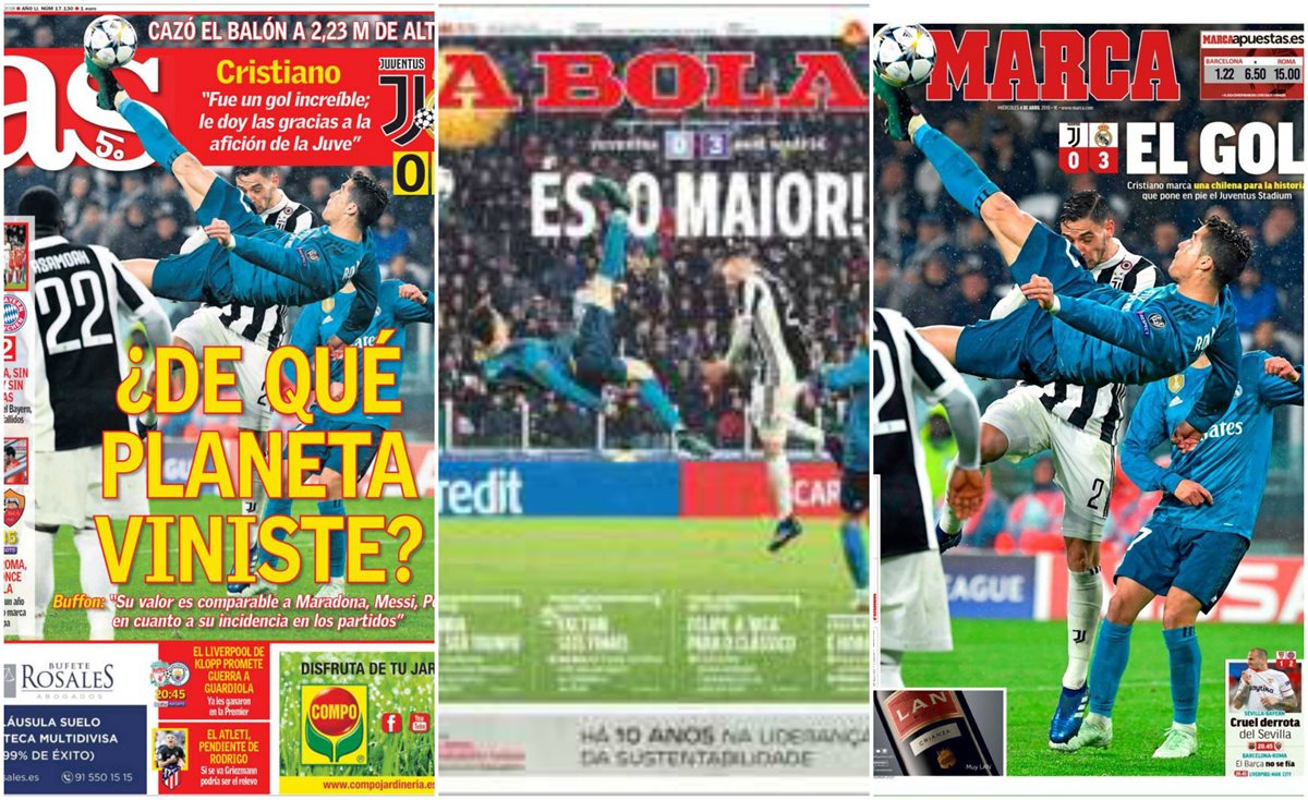 La chilena de Cristiano Ronaldo frente a la Juventus se robó las portadas de los diarios deportivos. (Foto Prensa Libre: Tomadas de Twitter)
