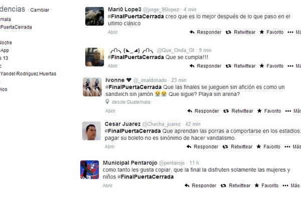 Aficionados apoyan que la final del Clausura 2014 entre rojos y cremas se dispute a puerta cerrada. (Foto Prensa Libre: cortesía Twitter)