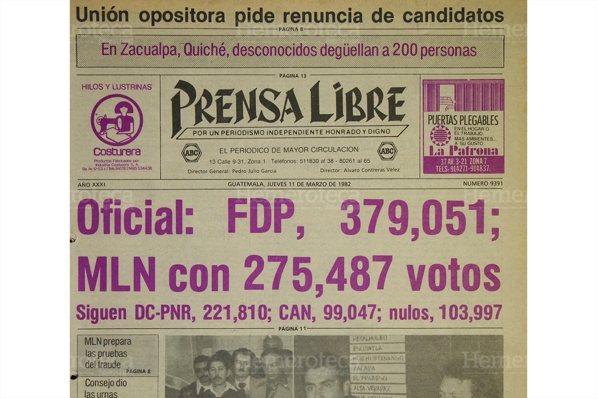 Portada del 11/03/1982 con los resultados Oficiales de las elecciónes, donde el ganador fue el general Ángel Aníbal Guevara. (Foto: Hemeroteca PL)
