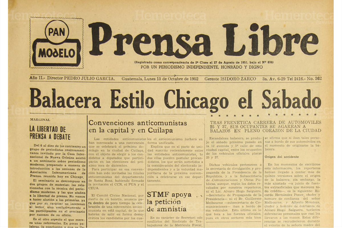 Portada del 13/10/1952 informa sobre una escandalosa balacera en la zona 1. (Foto: Hemeroteca PL)