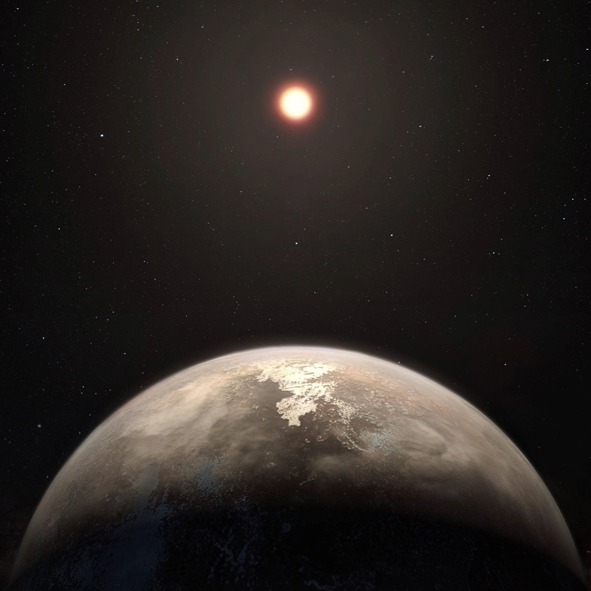 Imagen artística del planeta templado Ross 128b con su estrella enana roja anfitriona al fondo. (Foto Prensa Libre: EFE)