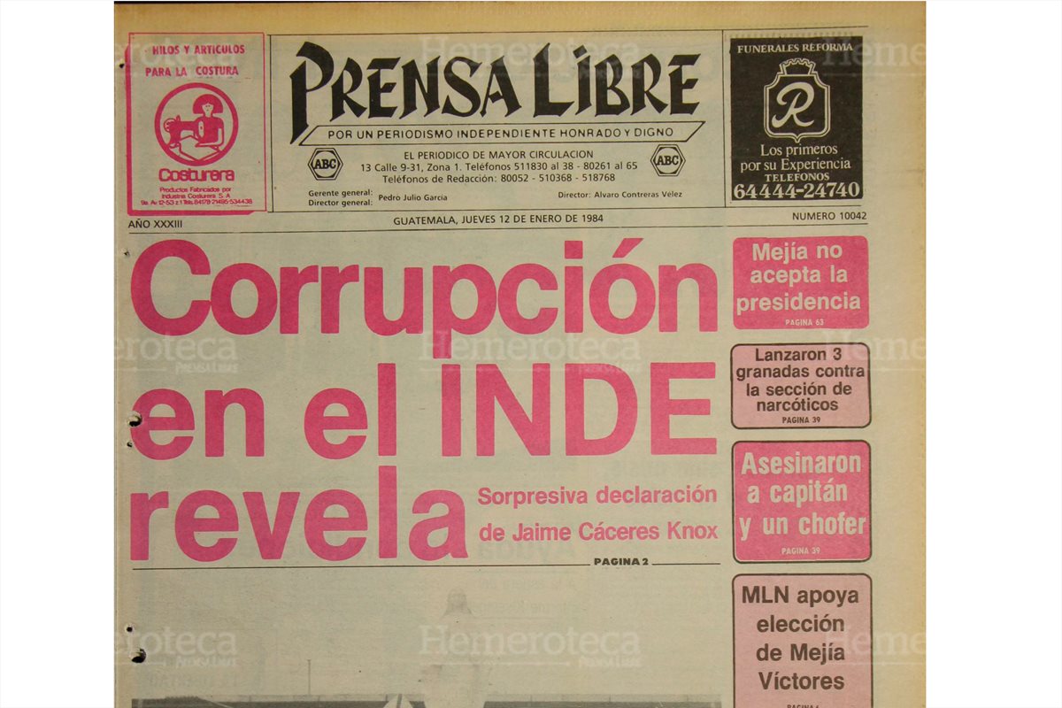 Portada de Prensa Libre del 12/01/1984 Jaime Cáceres Knox informo sobre actos de corrupción en el INDE. (Foto: Hemeroteca PL)
