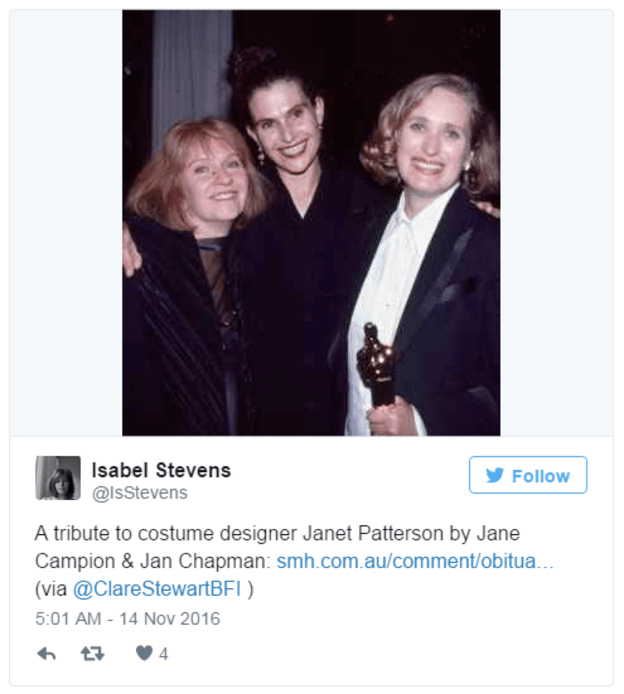 "Homenaje a la diseñadora de vestuario Janet Patterson por Jane Campion y Jan Chapman", dice el tuit. (Foto, Twitter)