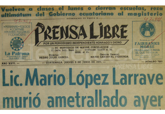 Titular de Prensa Libre del 9 de junio de 1977. (Foto: Hemeroteca PL)