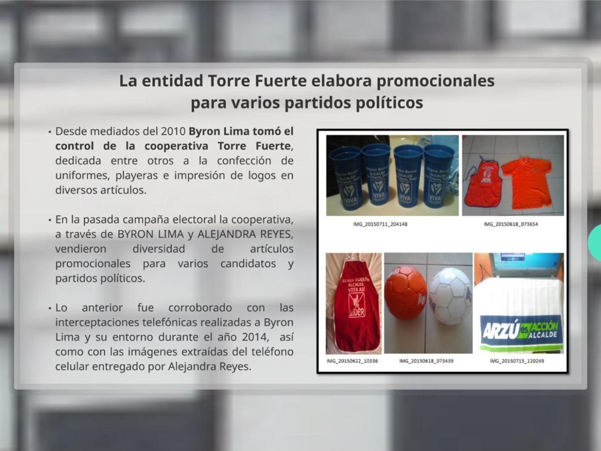 Artículos de propaganda política que la cooperativa Torre Fuerte suministró a varios partidos y candidatos, entre ellos Álvaro Arzú. (Foto Prensa Libre: Cicig).