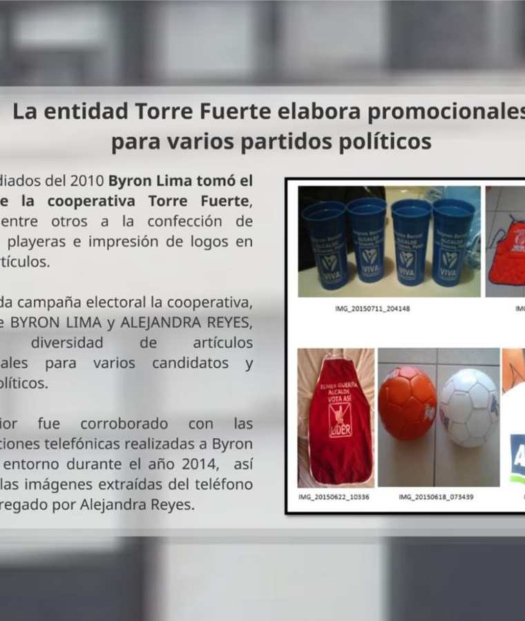 Artículos de propaganda política que la cooperativa Torre Fuerte suministró a varios partidos y candidatos, entre ellos Álvaro Arzú. (Foto Prensa Libre: Cicig).