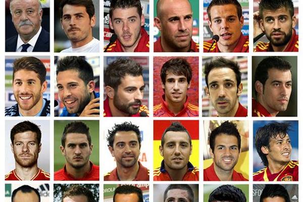 Los rostros de los 23 convocados españoles que buscarán revalidar el título mundial en Brasil. (Foto Prensa Libre: EFE)