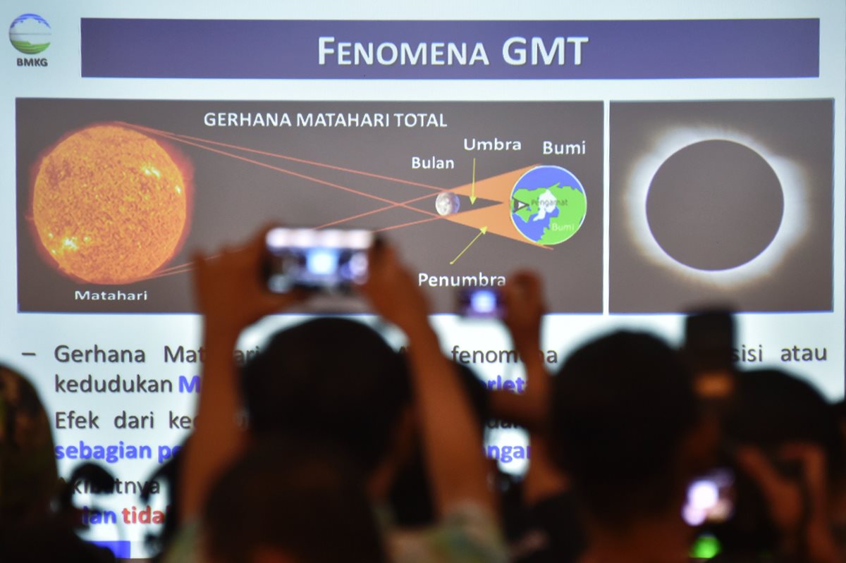 La Agencia Indonesia de Meteorología, Climatología y Geofísica provee información acerca del eclipse total de Sol. (Foto Prensa Libre: AFP).