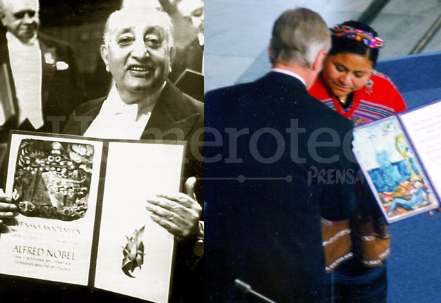 Asturias y Menchú, dos guatemaltecos laureados con el Nobel. (Foto: Hemeroteca PL)