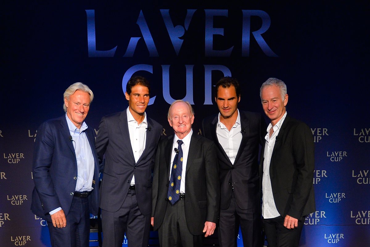 (De izquierda a derecha) Bjrn Borg, Rafael Nadal, Rod Laver, Roger Federer and John McEnroe, en la presentación de la Copa Laver. (Foto Prensa Libre: AFP)