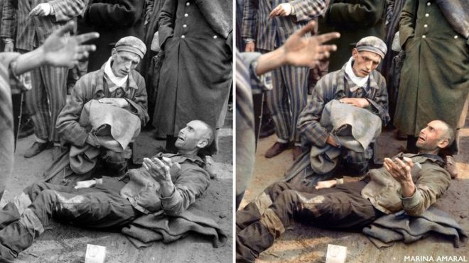 Marina Amaral usó sus conocimientos de Photoshop para darle color a imágenes históricas como la de este campo de concentración de Wöbbelin, Alemania, de 1945. (Foto original: Archivo Nacional de EE.UU.).