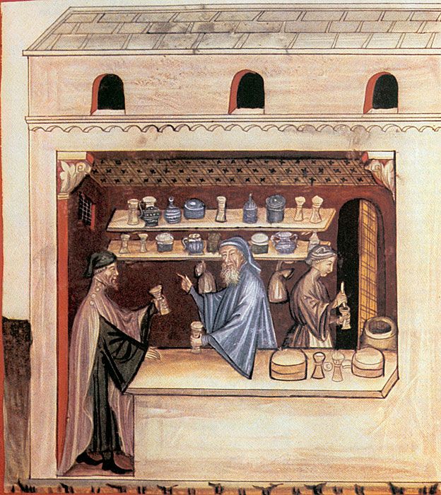 Una farmacia italiana del siglo XIV en la que un farmaceuta dispensa triaca, en ese entonces hecha con 100 ingredientes. SCIENCE PHOTO LIBRARY