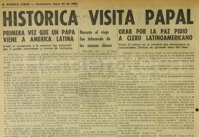 Nota de Prensa Libre del 23 de agosto de 1968 informando sobre la visita de Paulo VI a Colombia. (Foto: Hemeroteca PL)